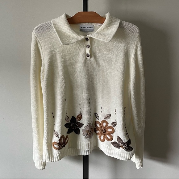 Vintage Sweaters - Vintage Alfred Dunner Floral Embroidered Chenille Sweater Polo Collar Grandma